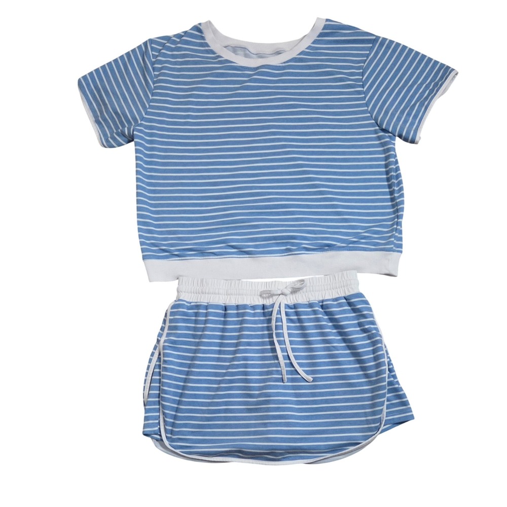 Opemiby Womens Blue White Striped 2 PC Skort Set Crewneck Top Shorts L - Picture 2 of 14